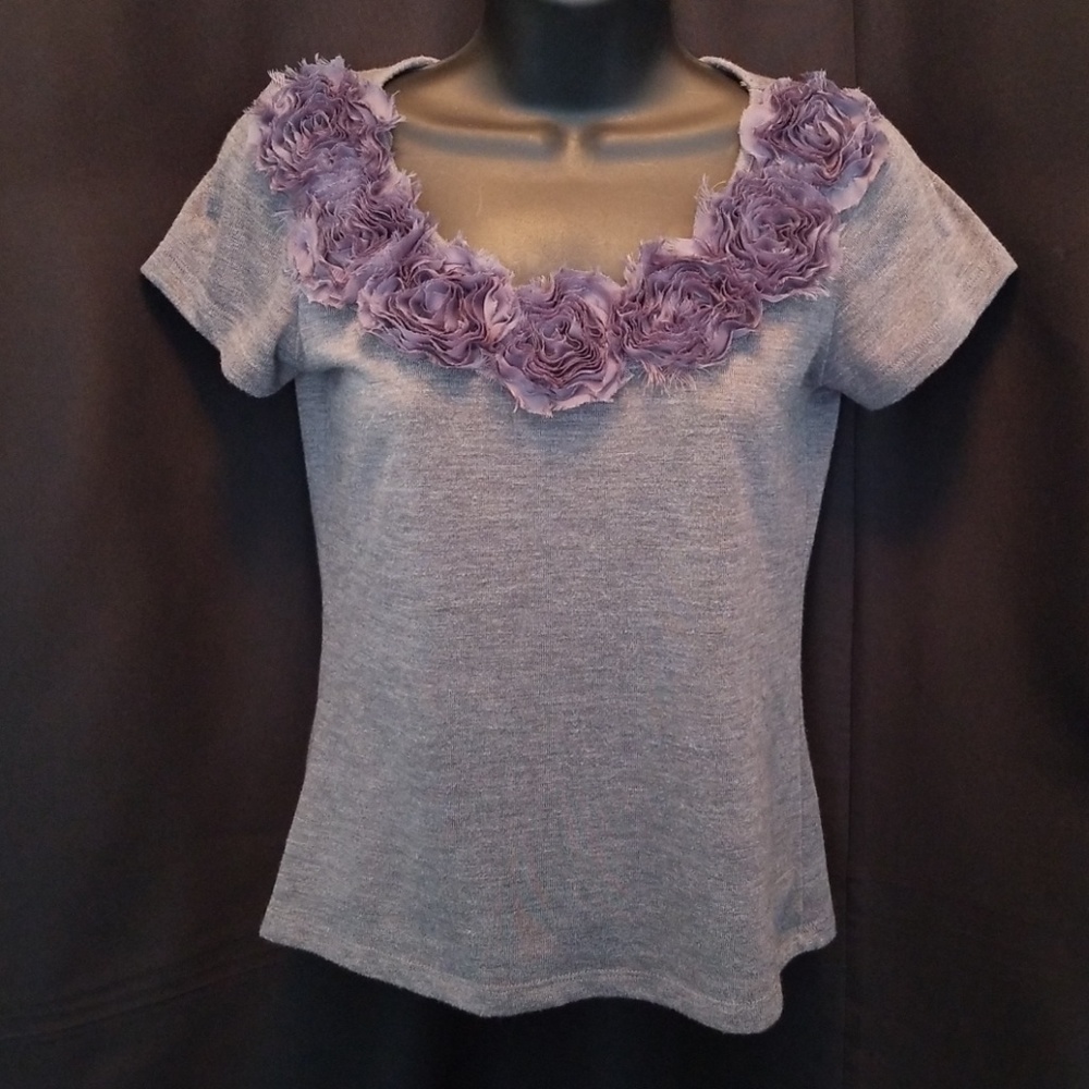 Gray Tee Shirt with Chiffon Floral Embellishments